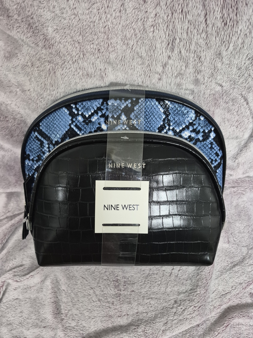 Nine West Black Faux-Croc & Blue Snake-Print Toiletry Pouch Set